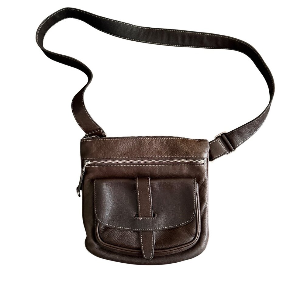 Roots Brown Leather Crossbody Bag With Adjustable Strap Multiple Pockets & Zippe